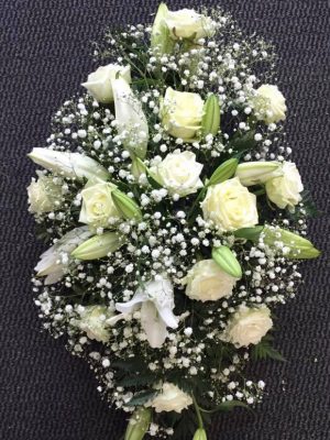 All White Roses and White Lily’s Double ended Grave Arrangement